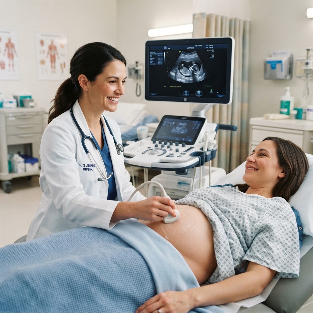 Female doctor performing an ultrasound scanning examination on a patient at Gaboose Medical Centre