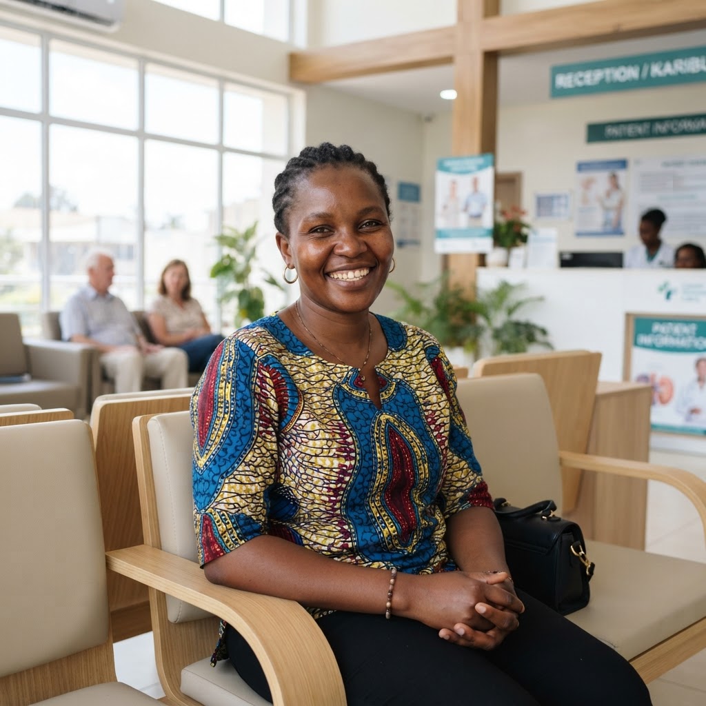 Wanjiku Mwangi, a smiling Kenyan woman patient at Gaboose Medical Centre